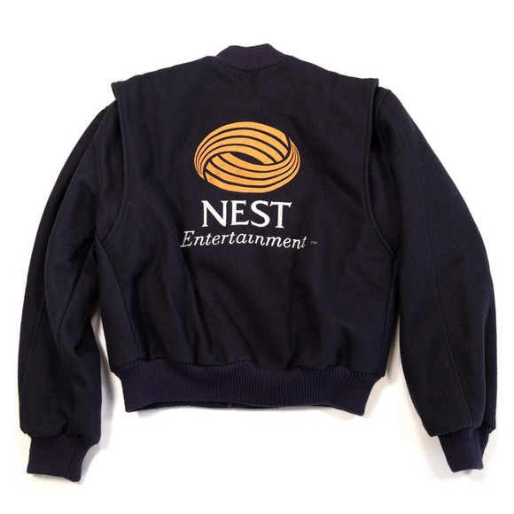 NEST ENTERTAINMENT Mens L Navy Wool Satin Embroidered Logo Varsity Bomber Jacket - Picture 5 of 9